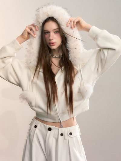 Fleece Pompon Fur Collar Sweatshirt Jacket VIA0355