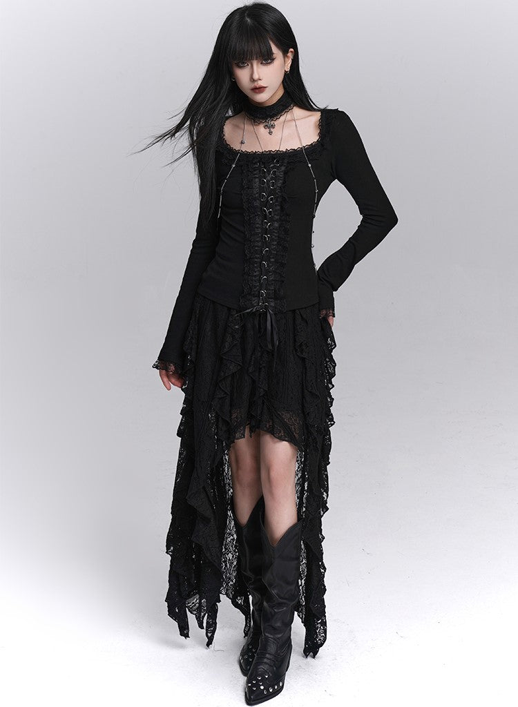 Black Artistic Irregular Hem Lace Skirt LAD0246
