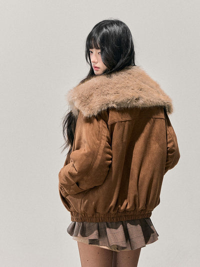 Brown Quilted Thick Detachable Fur Collar Jacket DIA0743