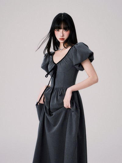 Dark Gray French V-neck Puff Sleeve Dress LUL0063