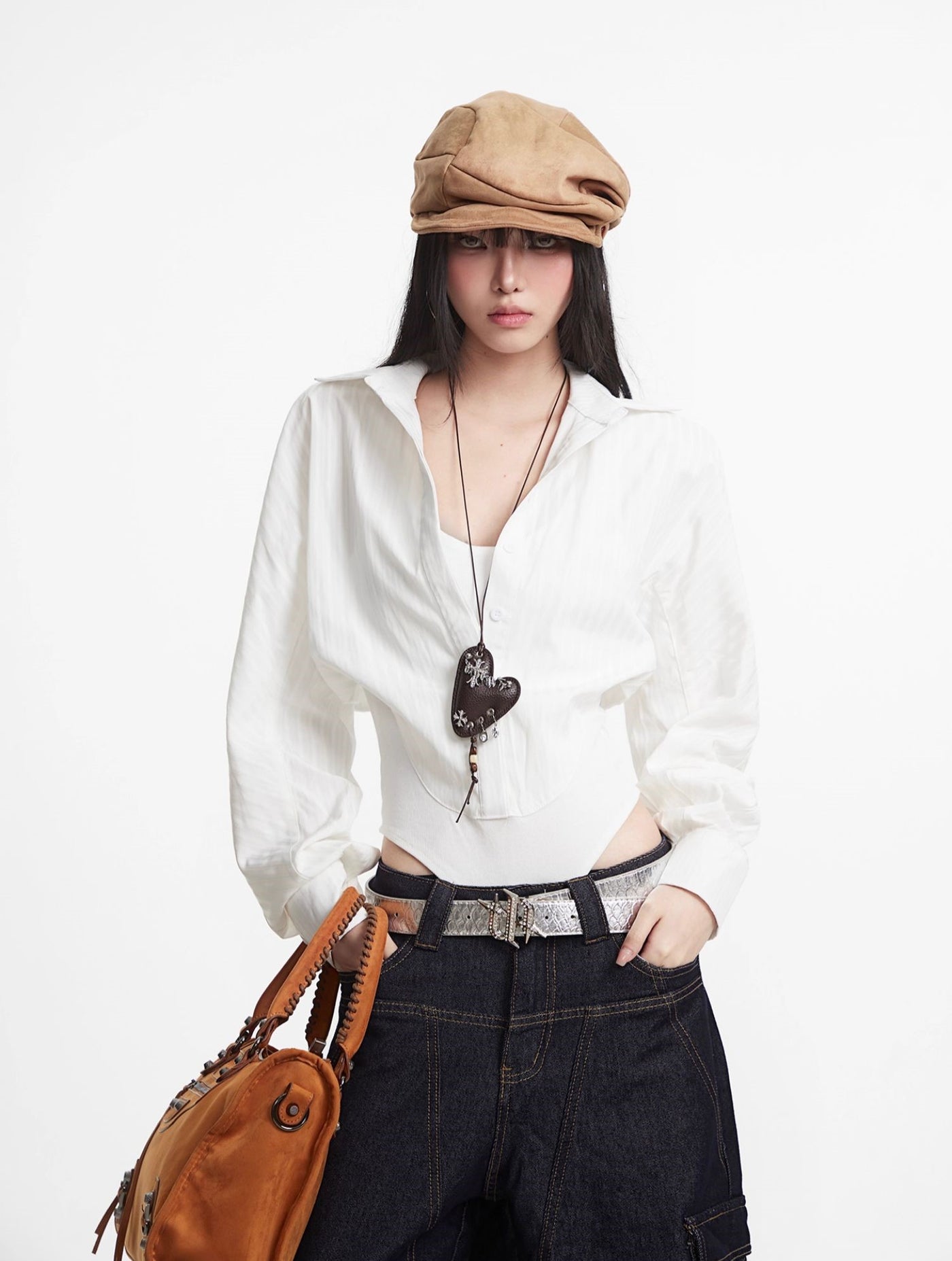 White Fake Two-piece Shirt Jumpsuit UNC0293