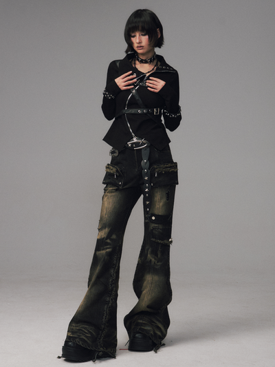 Punk Retro Pockets Slim Fit Flared Jeans FRU0131