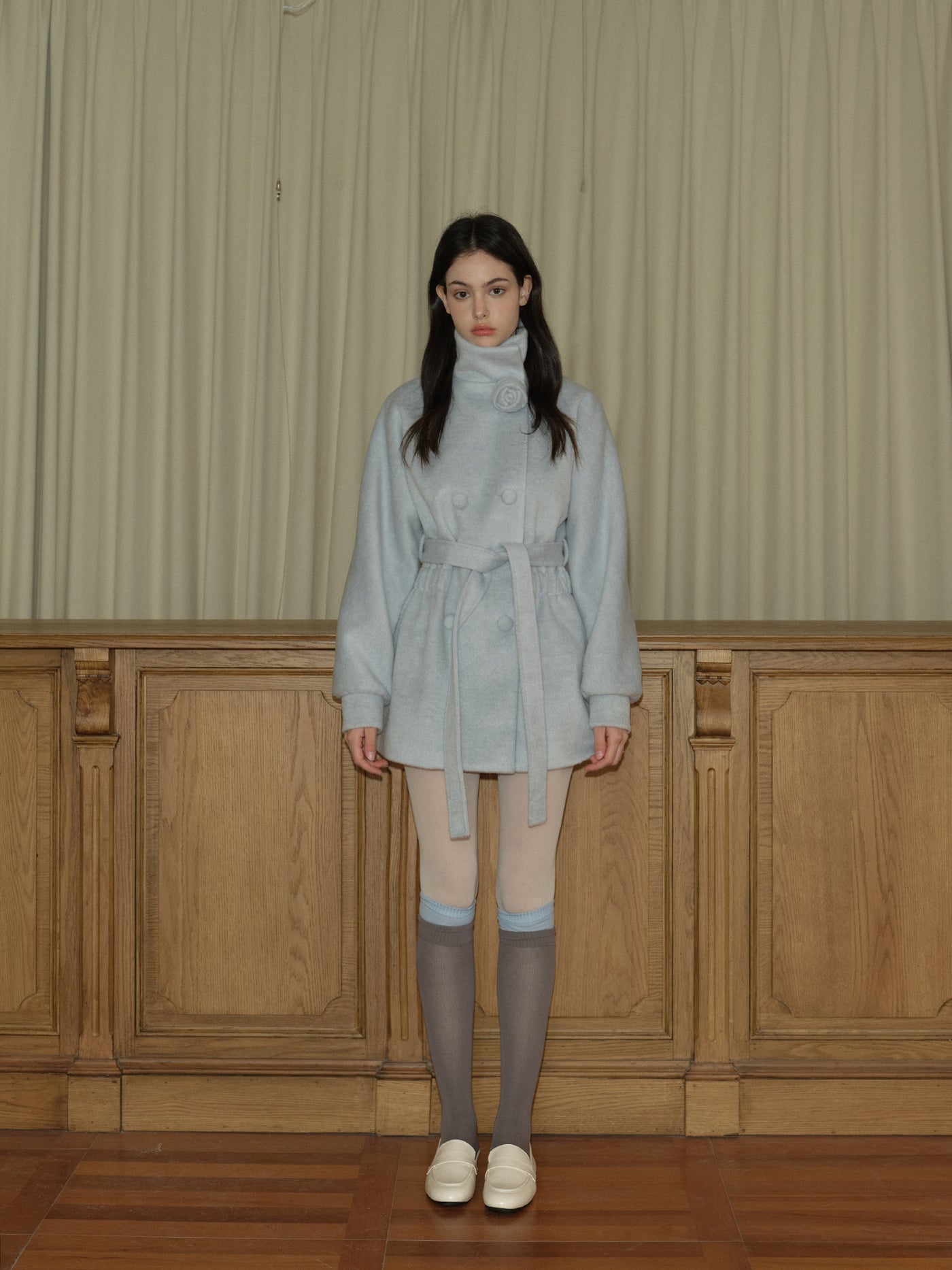 Glacier Blue Three-dimensional Rose Woolen Coat REC0065