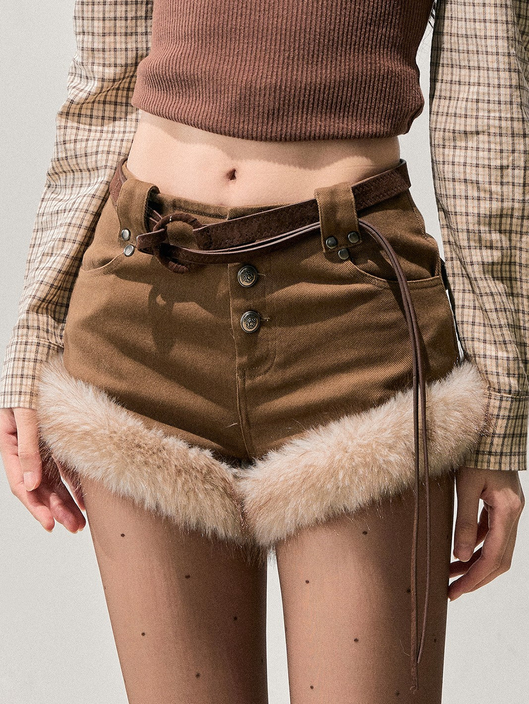 Brown Plush Warm Belt Shorts DIA0769
