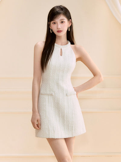 White Halter Neck Beaded Dress OSH0134