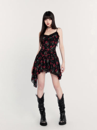 Rose French Black Floral Ribbon Suspender Dress VOC0221