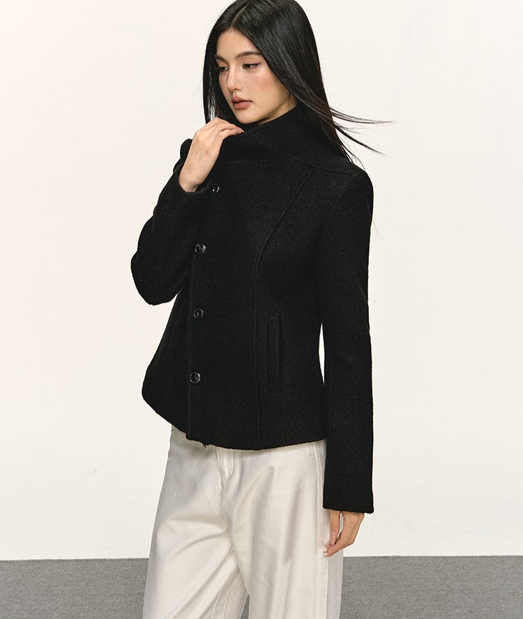 Double-Faced Stand Collar Black Short Coat ANA0076