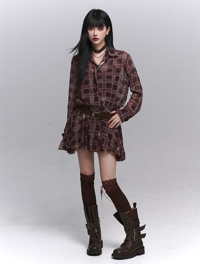 Red Brown Long-Sleeved Plaid Shirt Dress LAD0226