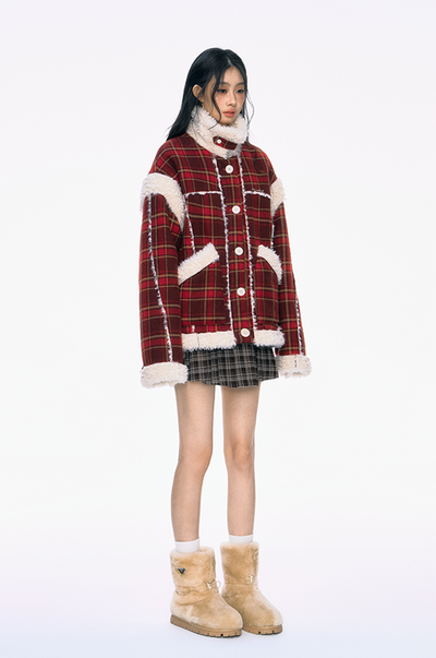 Red Plaid Woolen Fur Coat PUN0040