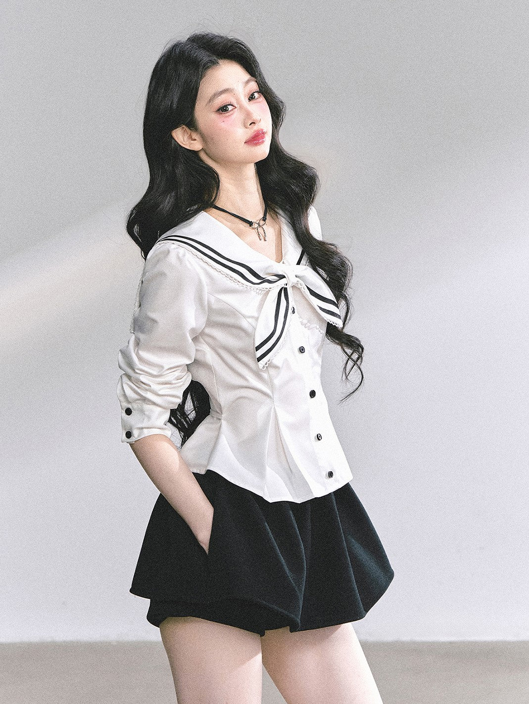 Lace Bow Navy Collar Shirt DIA0554