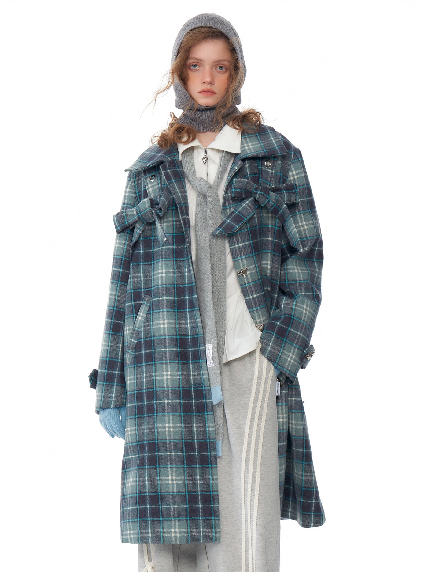 Retro High-end Mid-length Bow Blue Plaid Tweed Coat ZIZ0199