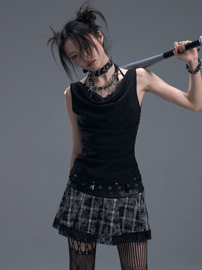 Punk Rock Plaid Double Belt Skirt FRU0091