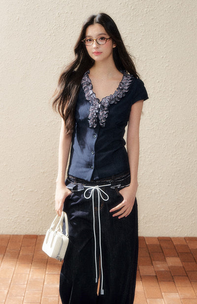 Navy Lace Short-sleeved T-shirt SHI0182