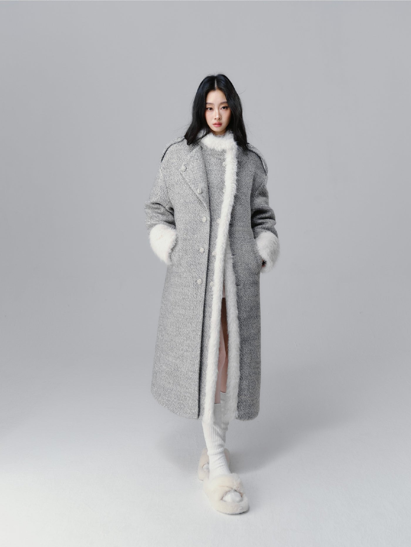 Icelandic Silver Snow Gray Fur Collar Woolen Long Coat SAL0093