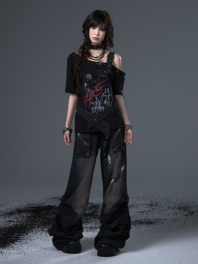 Punk Print Drop Shoulder Strap T-shirt FRU0102