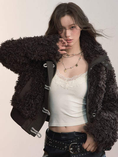 Single-breasted Turtleneck Fur Short Jacket VIA0361