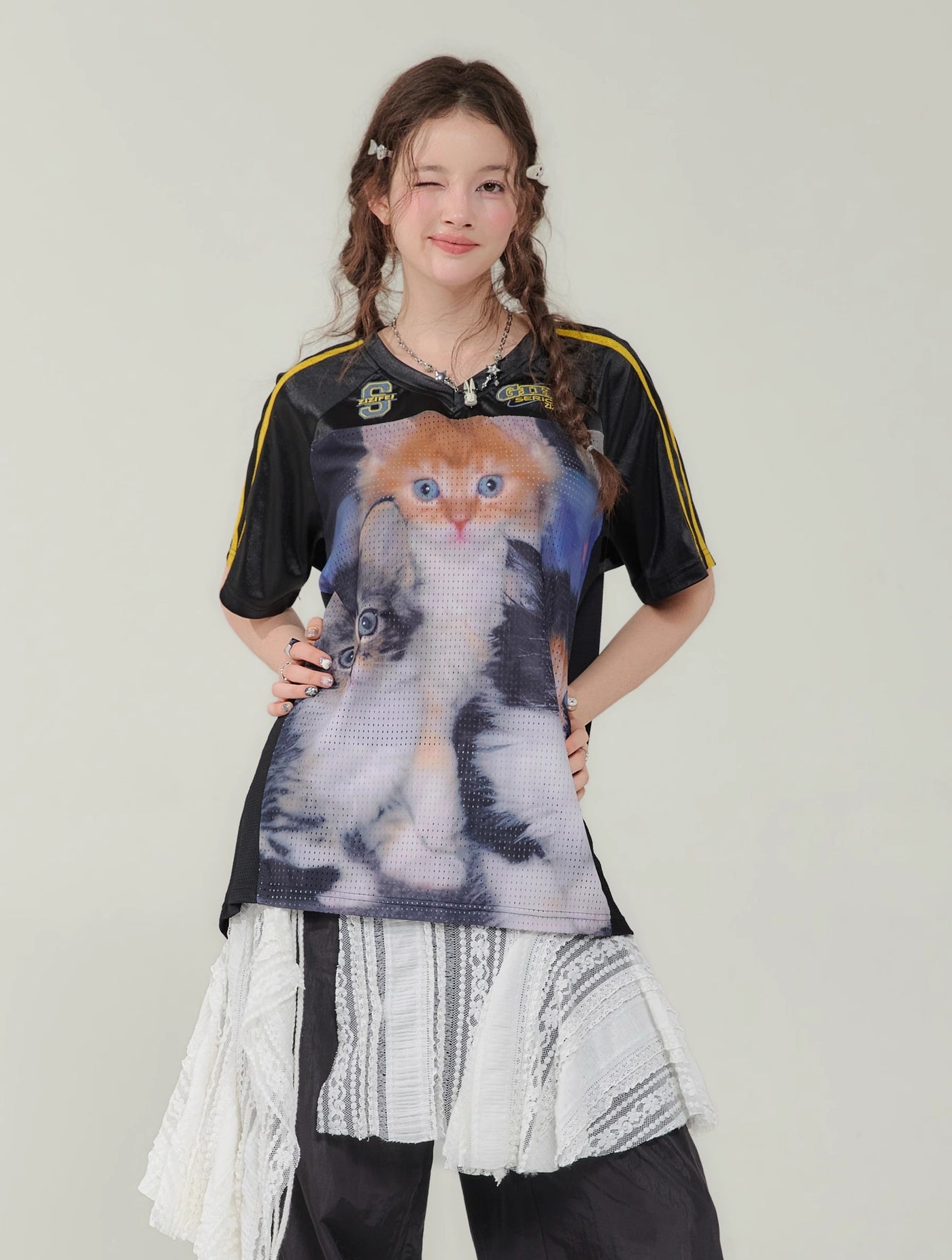 Cat Print Loose V-neck Quick-drying Short-sleeved T-shirt ZIZ0144