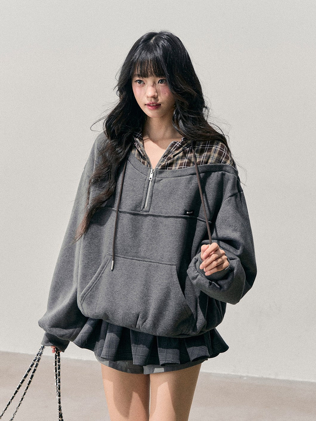 Faux Two-Piece Plaid Hooded Sweatshirt DIA0760