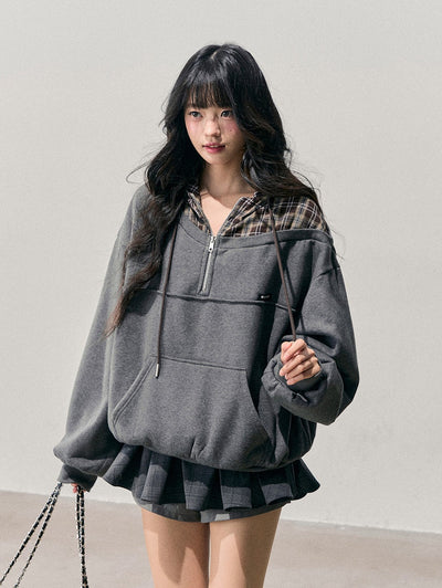 Faux Two-Piece Plaid Hooded Sweatshirt DIA0760