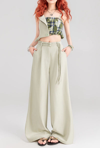 Button-decorated Drape Wide-leg Floor-length Pants KEI0162