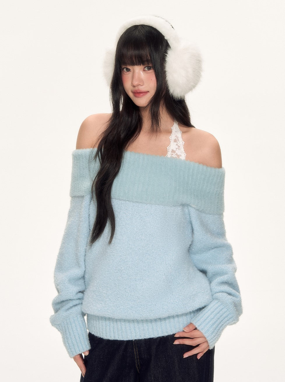 Blue Off-Shoulder Lace Halter Sweater WEE0090