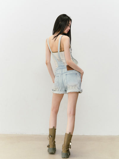 Light Blue Denim Loose Overall Shorts VIA0317
