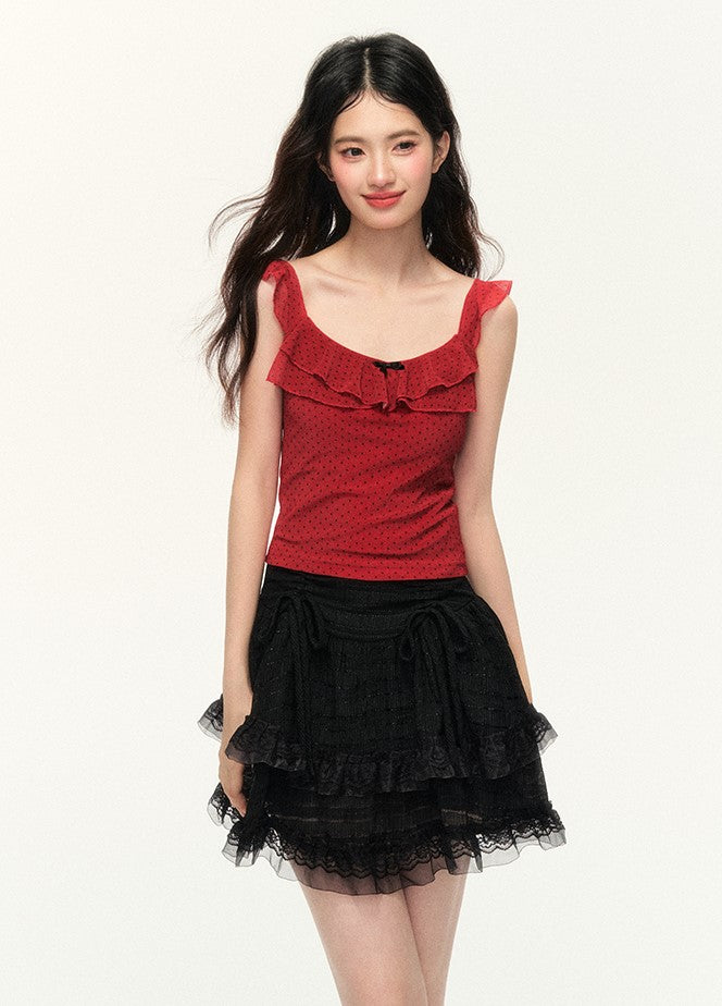 Double-layer Red Lace Butterfly Slim Polka Dot Top NTO0094