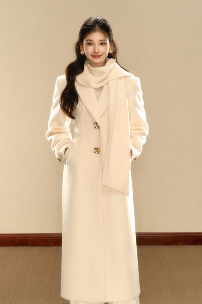 Milky White Simple Waist Long Wool Coat OSH0089