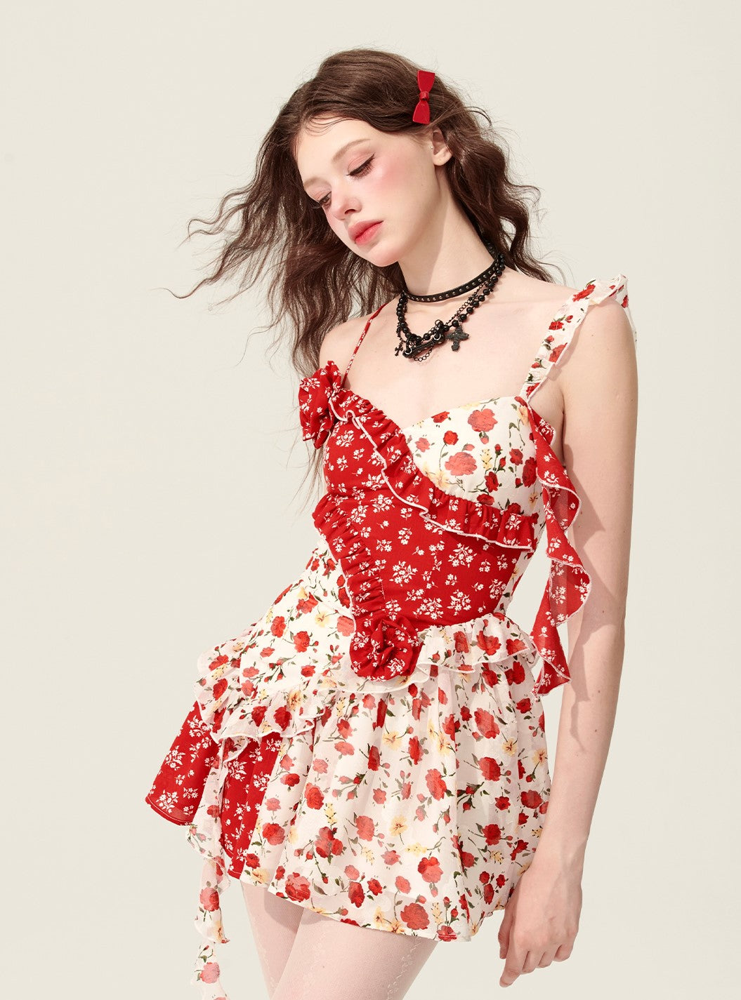 Rose Red Splicing Floral Suspender Dress DIA0167