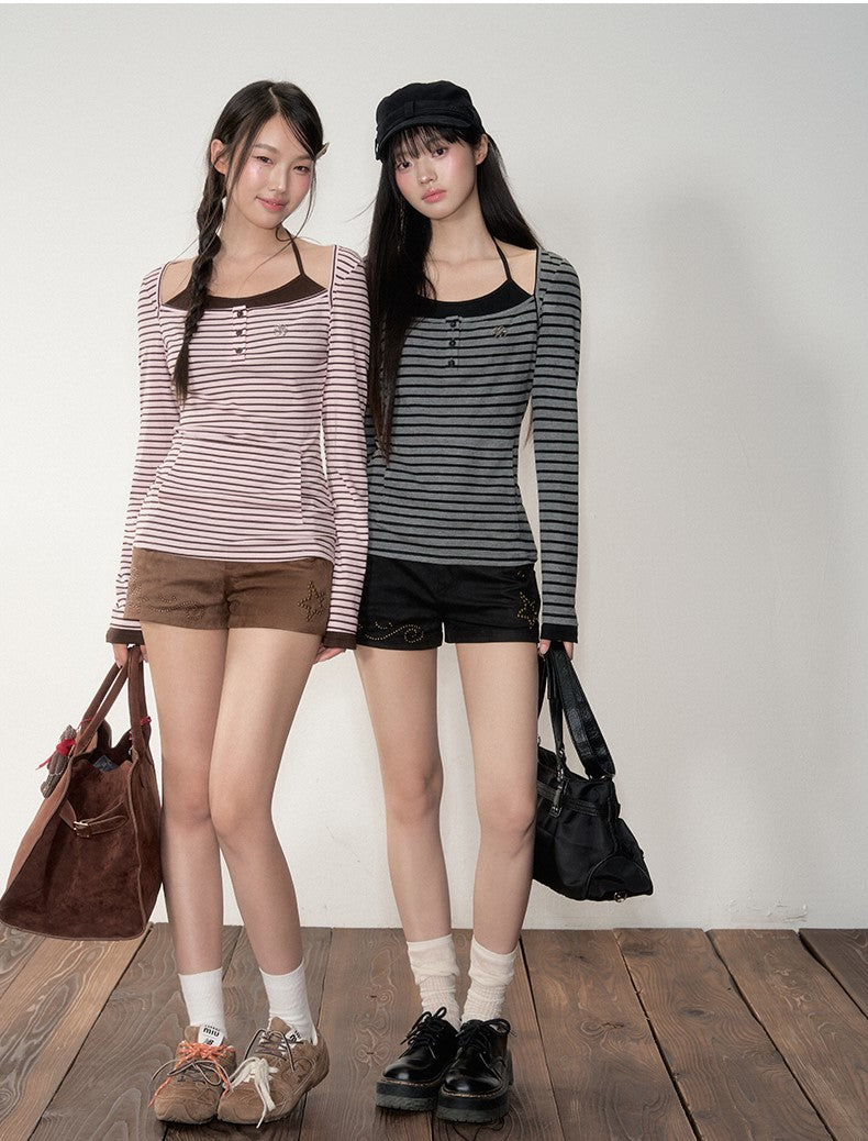 Fake two-piece Striped Hooded T-shirt SOO0024