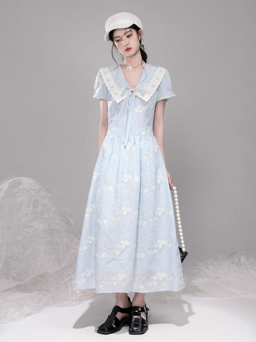 Blue Lace Collar Short Sleeve Dress COT0320