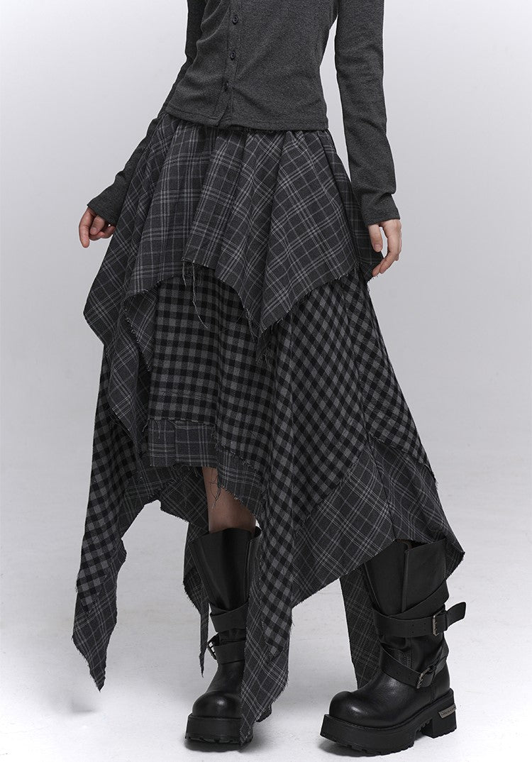 Irregular Hem Plaid Midi Skirt LAD0227