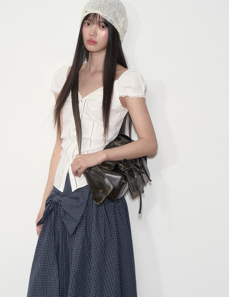 Navy Blue Plaid Bow Midi Skirt SOO0003