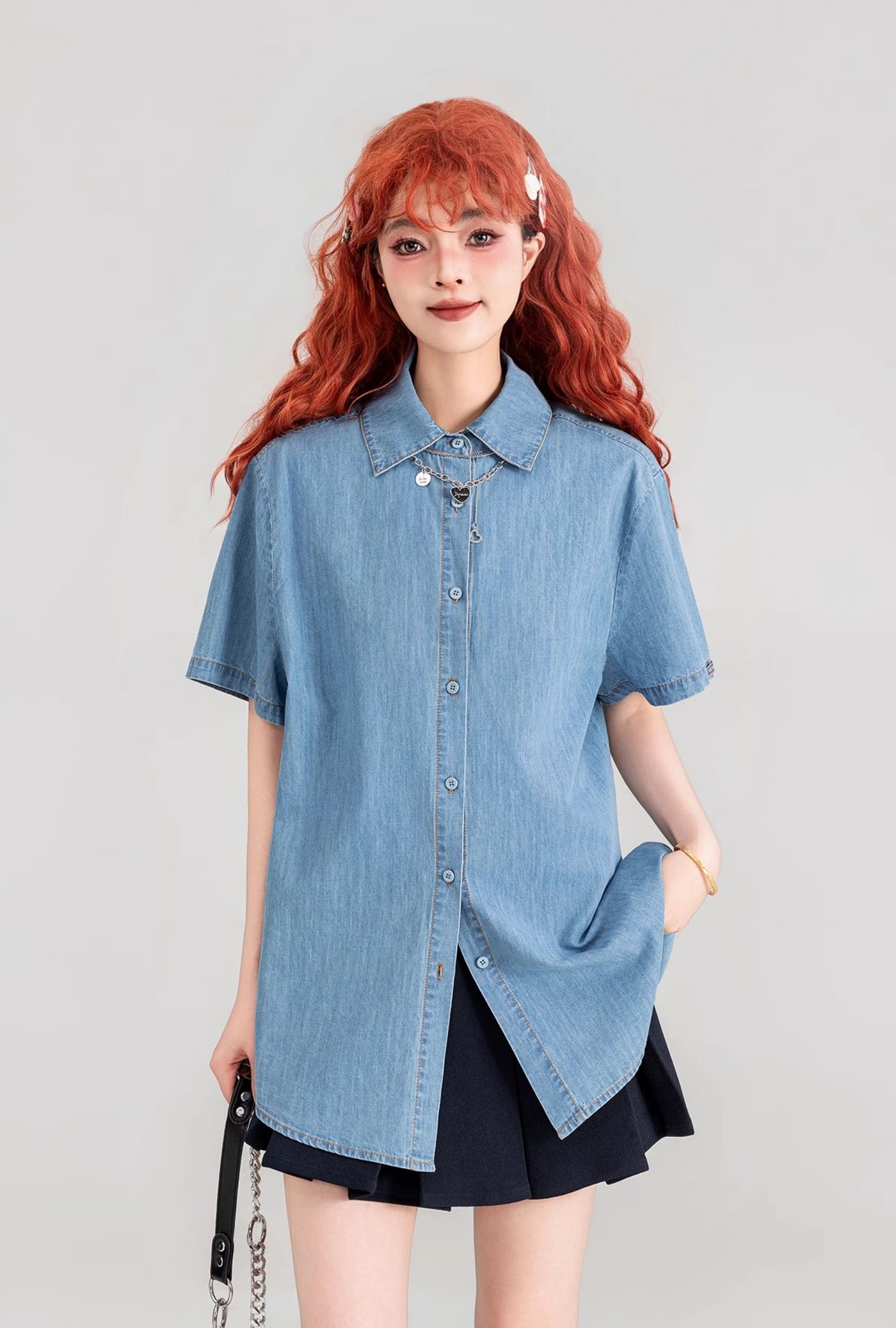 Two-piece Short-sleeved Thin Denim Shirt/Lace-up Vest KEI0088