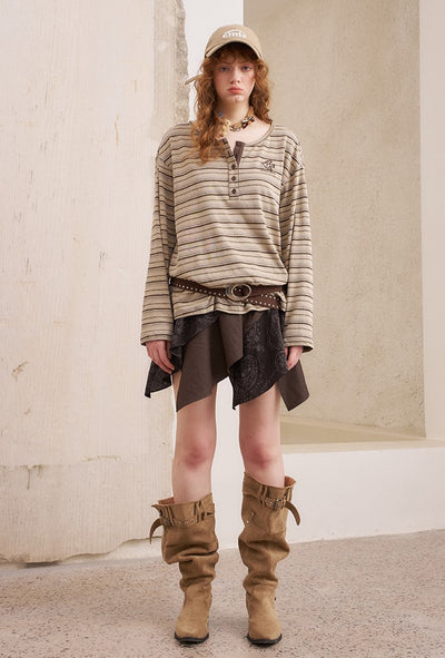 Brown Striped Loose Bird Embroidered T-shirt DID0221