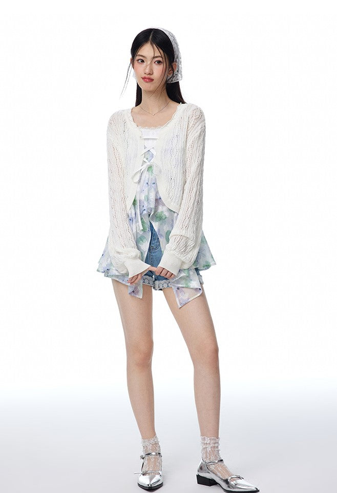 Blue And Green Flower-cut Suspender Bow Top/White Camisole NTO0116