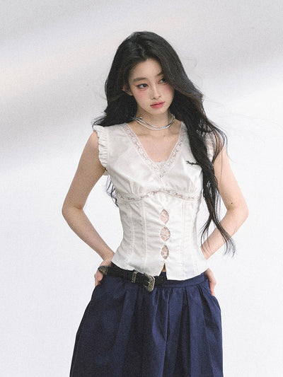 V-neck Lace Small Flying Sleeve Shirt DIA0523