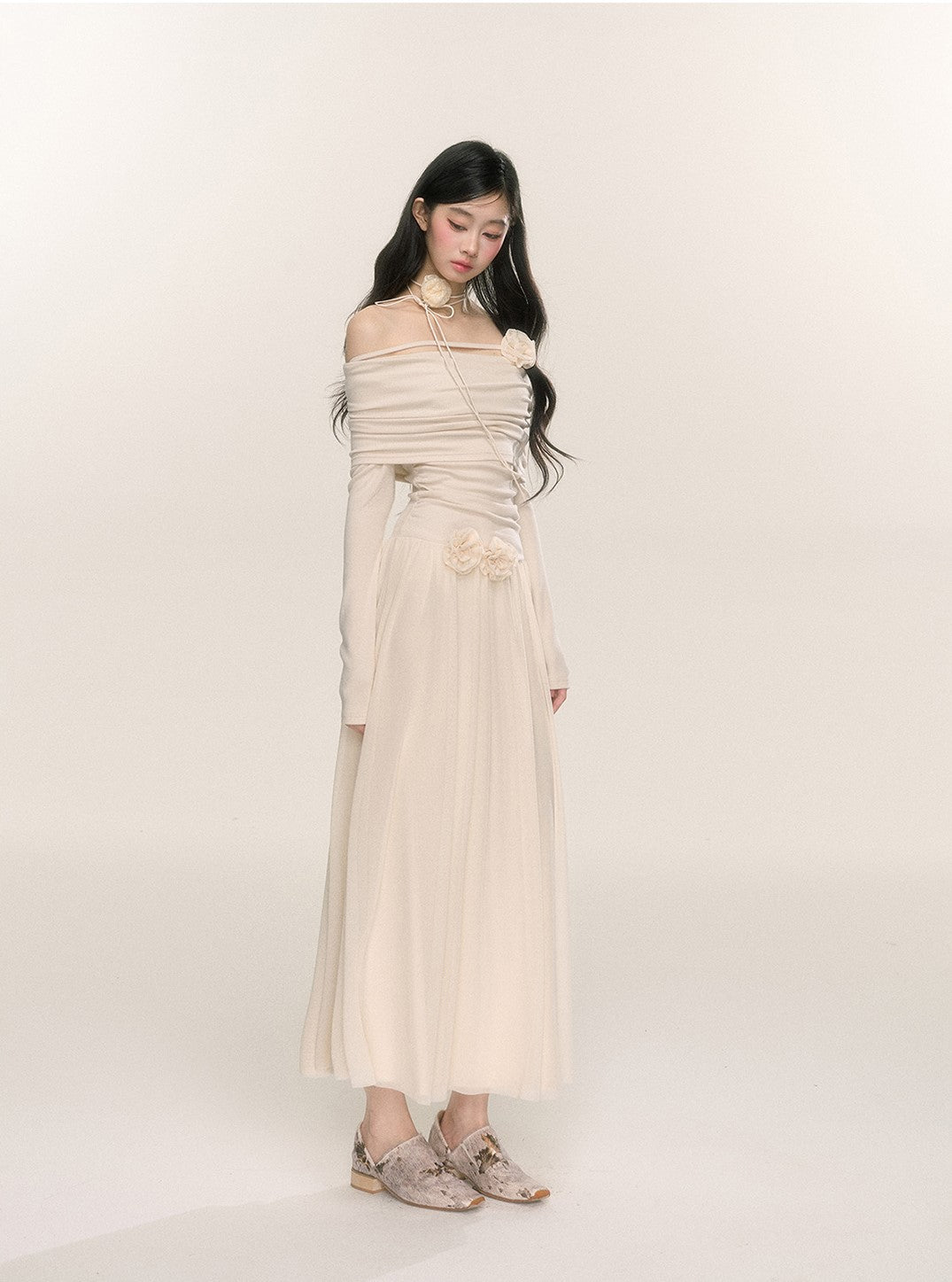 French Style One Shoulder Long Sleeve Waist Dress DIA0222