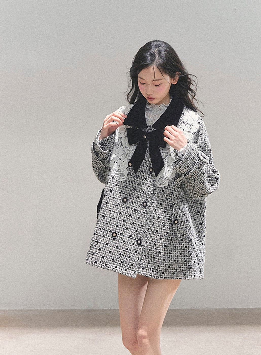 Detachable Bow Lace Plaid Coat DIA0767