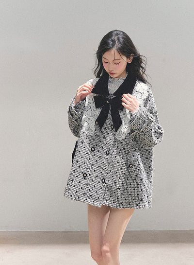 Detachable Bow Lace Plaid Coat DIA0767