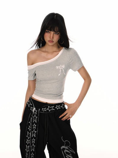 Bow Print Fake Two-piece One Shoulder T-shirt ACM0086