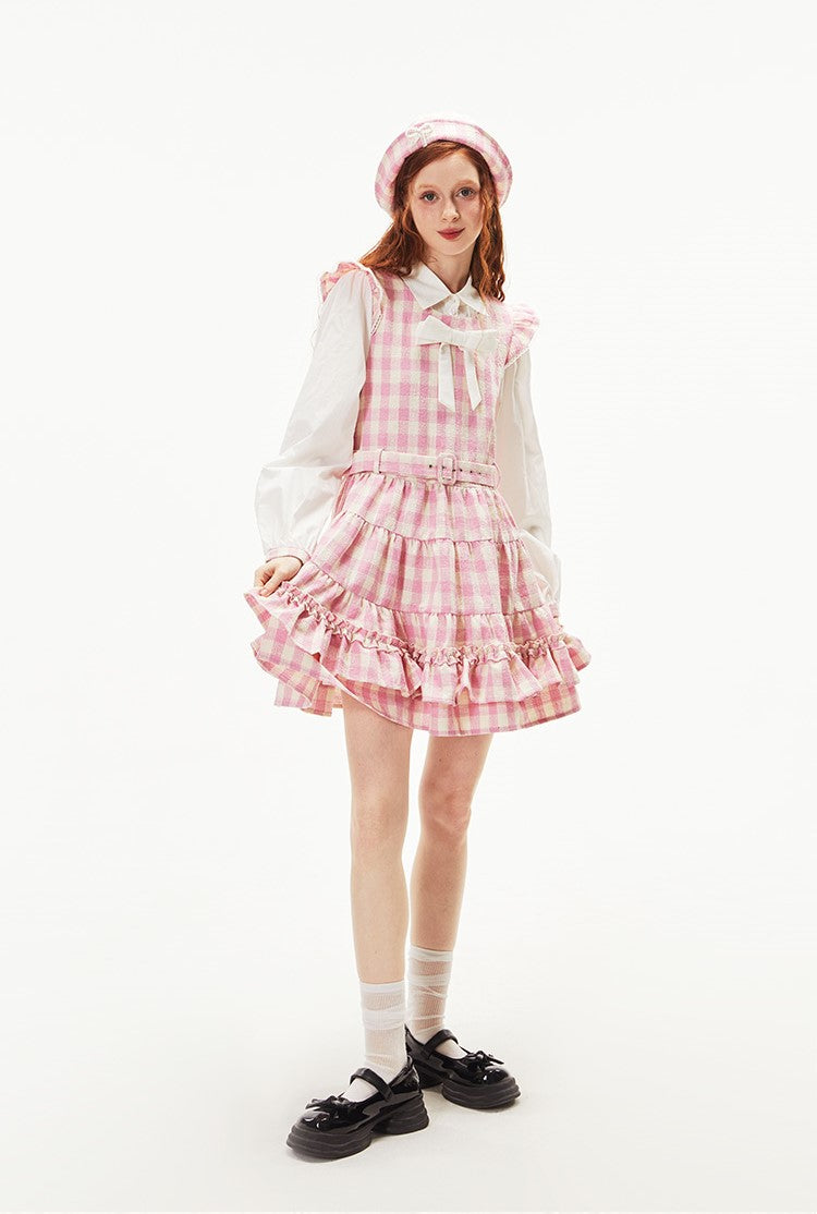 Pink Long Sleeve Princess Style Splicing Plaid Dress TIP0028
