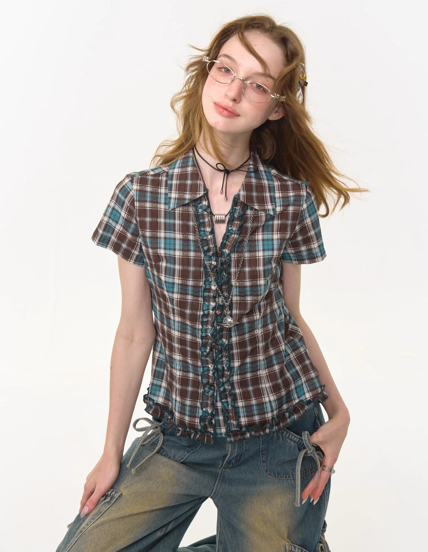 Lace Brown And Blue Plaid Short-sleeved Shirt ZIZ0276