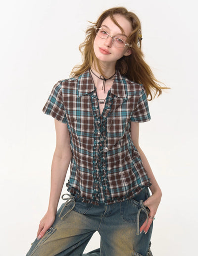 Lace Brown And Blue Plaid Short-sleeved Shirt ZIZ0276