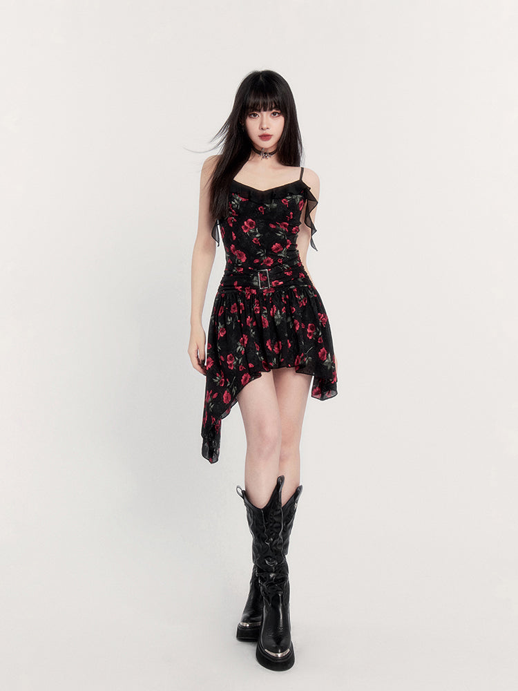 Rose French Black Floral Ribbon Suspender Dress VOC0221