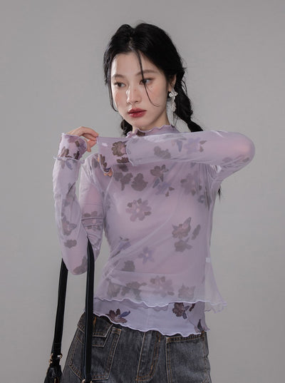 Layered Purple Flower Mesh Shirt COT0351