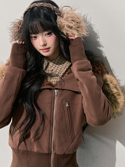 Brown Detachable Shearling Collar Jacket DIA0752