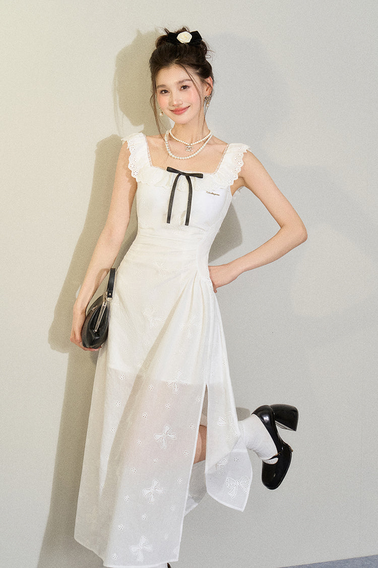 French Style White Bow Hollow Embroidery Square Collar Dress UND0076