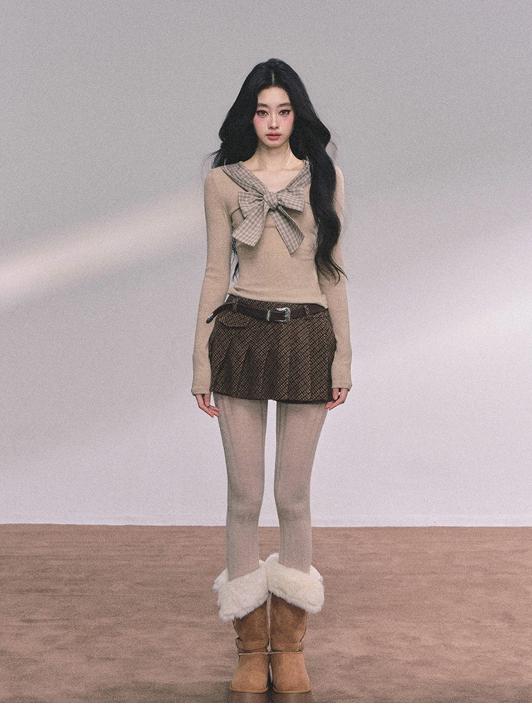 Fake Two-piece Bow Plaid Knit DIA0612