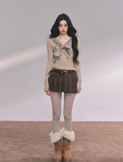 Fake Two-piece Bow Plaid Knit DIA0612